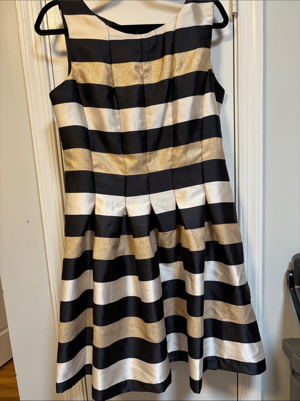 Cynthia Rowley Black, White & Gold Striped Fit-and-Flare Dress